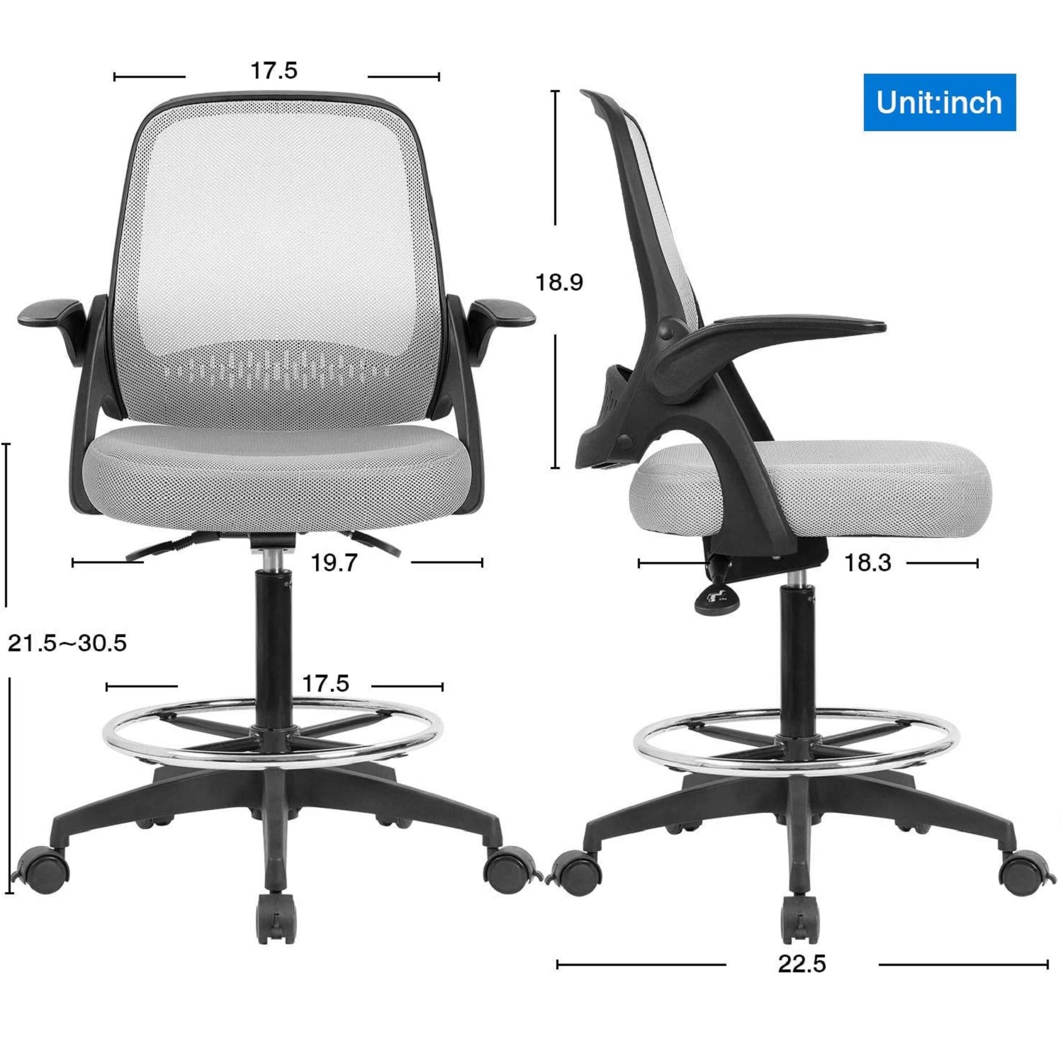 Devoko Drafting Chair with Flip-up Arms Tall Office Chair Executive Computer Standing Desk Chair with Lockable Wheel and Adjustable Footrest Ring (Black)