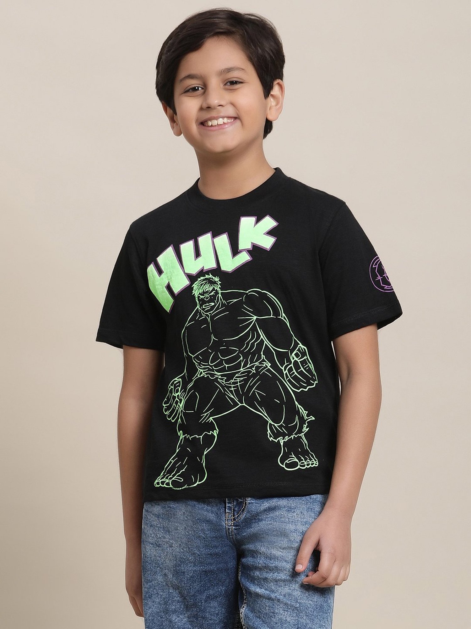 Kidsville Hulk Printed Black Regular Fit T-Shirt For Boys