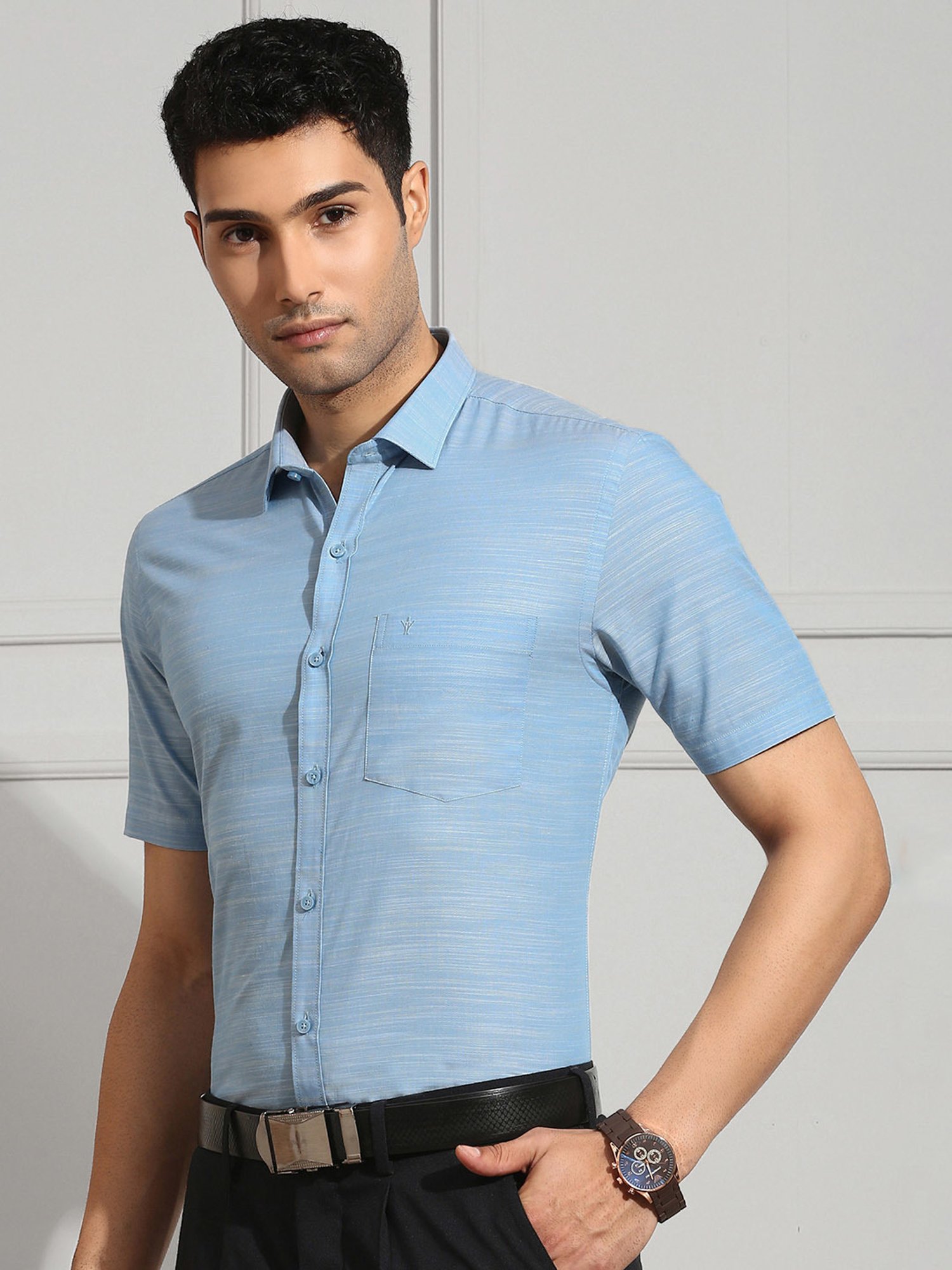 Ramraj Sky Blue Regular Fit Textured Cotton Shirt