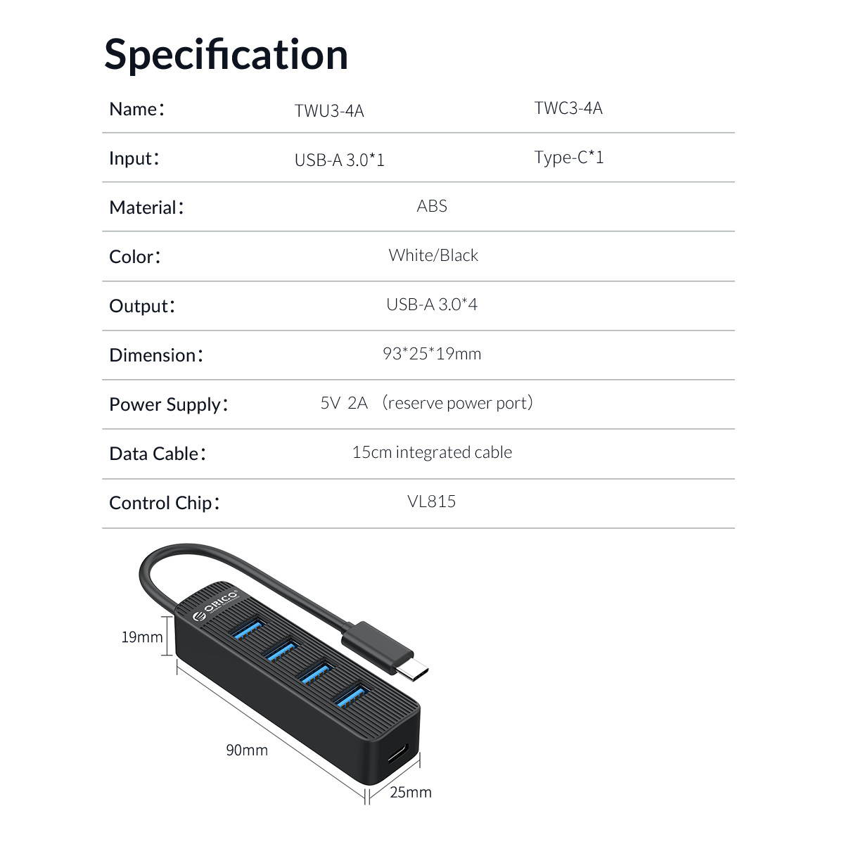 ORICO High Speed 4 Port USB 3.0 HUB With Type C Power Supply Port For PC Laptop Computer Accessories ABS USB Splitter USB3.0 OTG Adapter