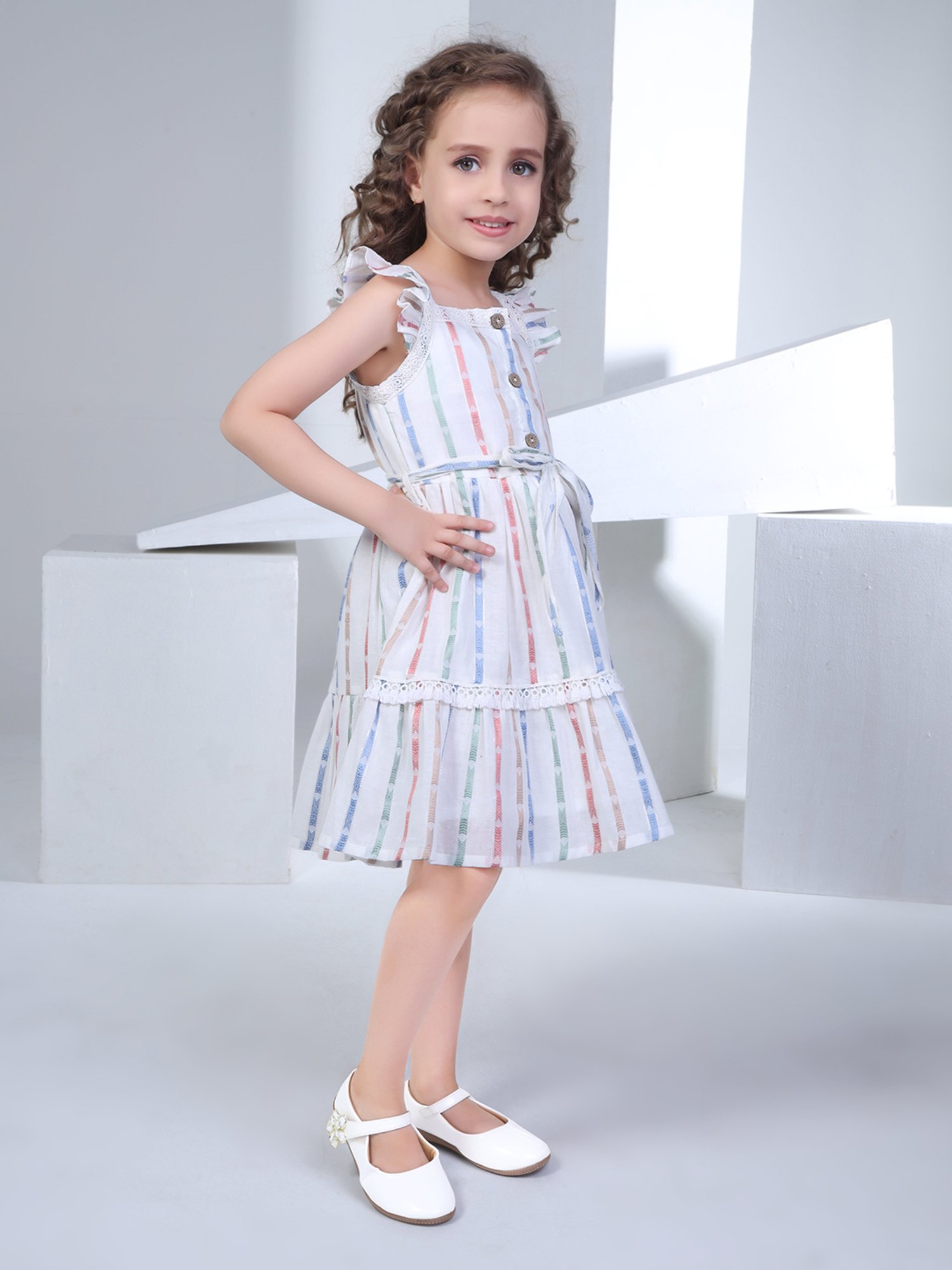 Peppermint Kids Beige Striped Dress