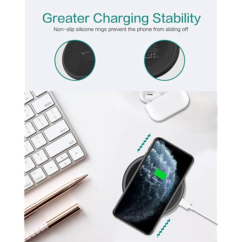 Wireless Charger,C10s 10w Qi-Certified Aluminum Fast Wireless Charging Pad Compatible with iPhone 12/12 Pro/12 Mini/12 Pro Max/11 Pro max/Xs Max/XR,Samsung Galaxy S20/S10/S10E/S9(Black