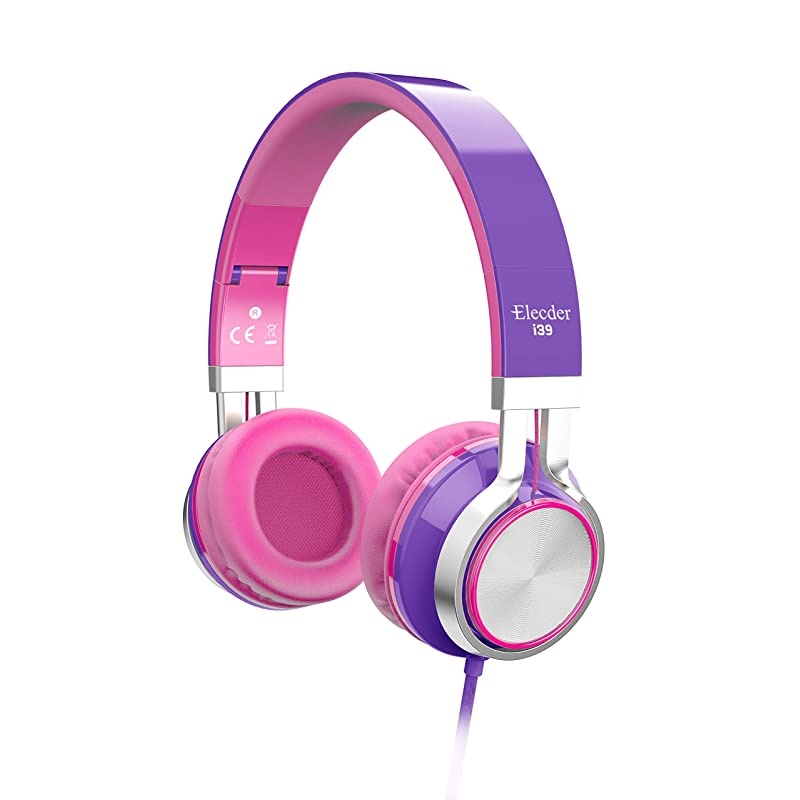 i39 Headphones with Microphone Foldable Lightweight Adjustable On Ear Headsets with 35mm Jack for Cellphones Computer MP34 Kindle School PurplePink