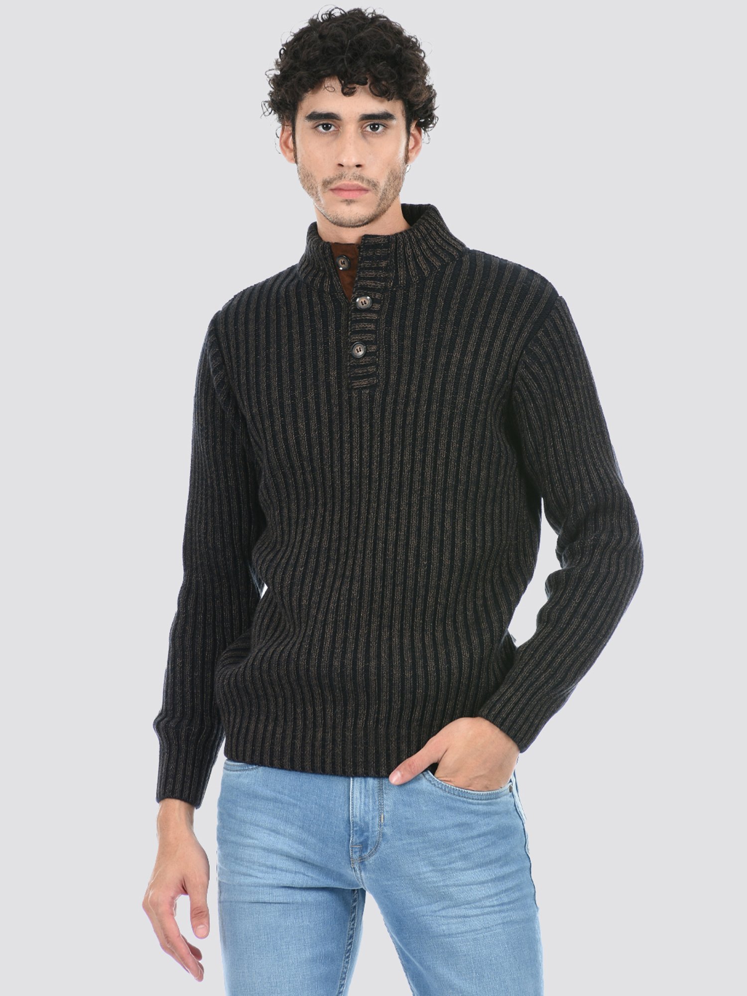 London Fog Black Regular Fit Self Design Sweater