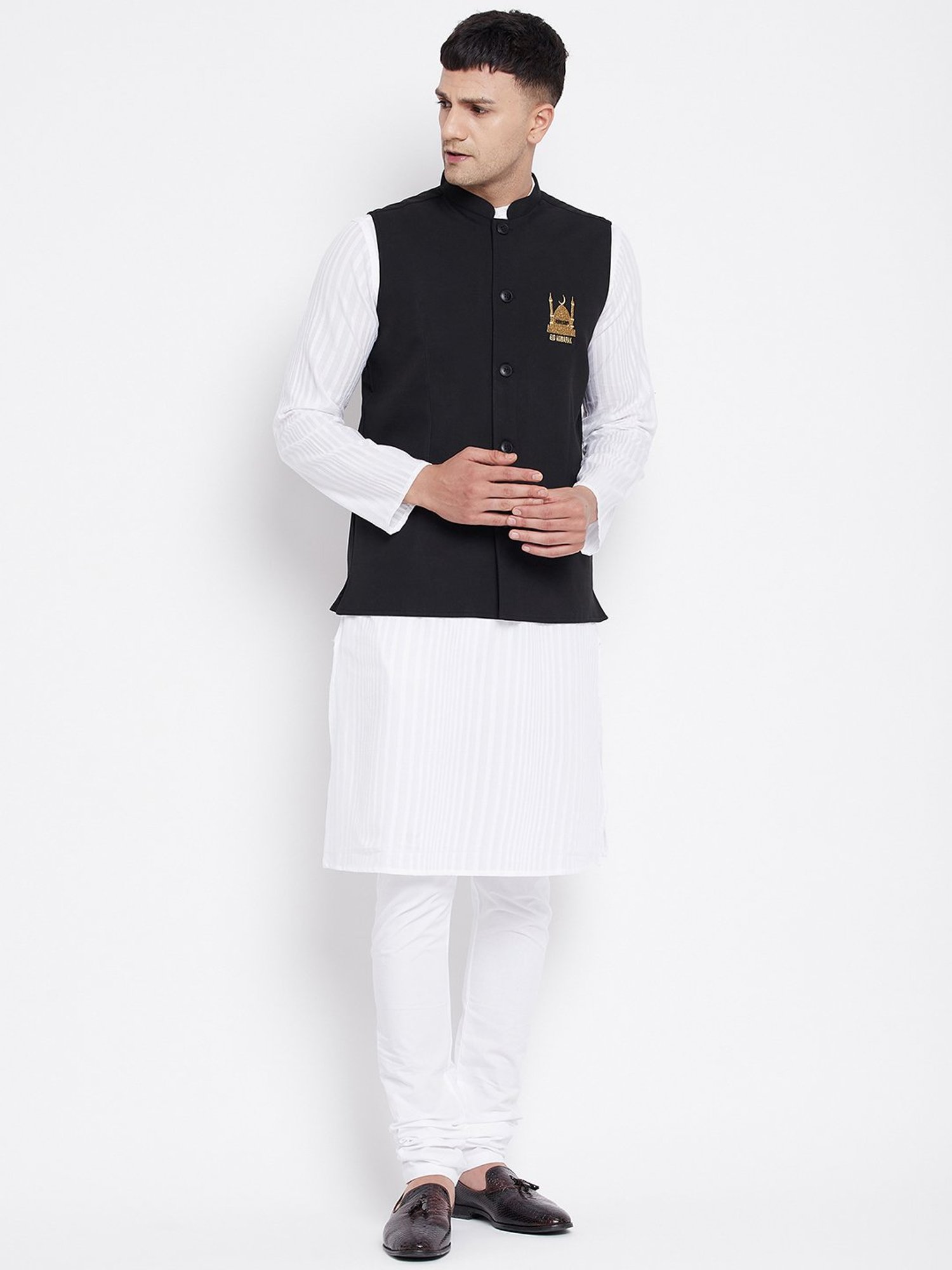 Even White & Black Kurta Churidar Set With Nehru Jacket