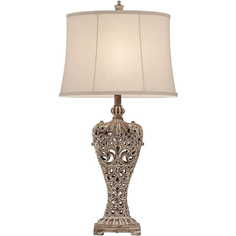 Regency Hill Antique Table Lamp Classic Gold Open Scroll Off White Oval Shade for Living Room Family Bedroom Bedside Nightstand