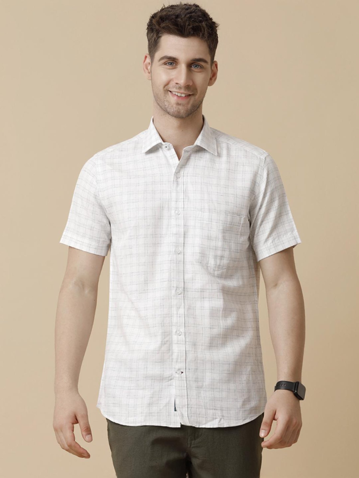 Linen Club Blue Linen Contemporary Fit Checks Shirt