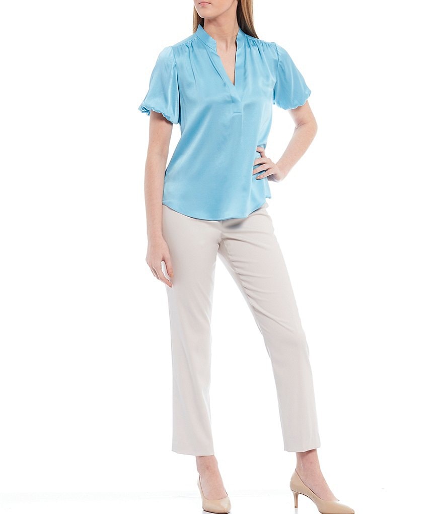 Antonio Melani Morgan Sandwashed Stretch Silk-Blend Short Puff Sleeve Mandarin Collar Neck Blouse