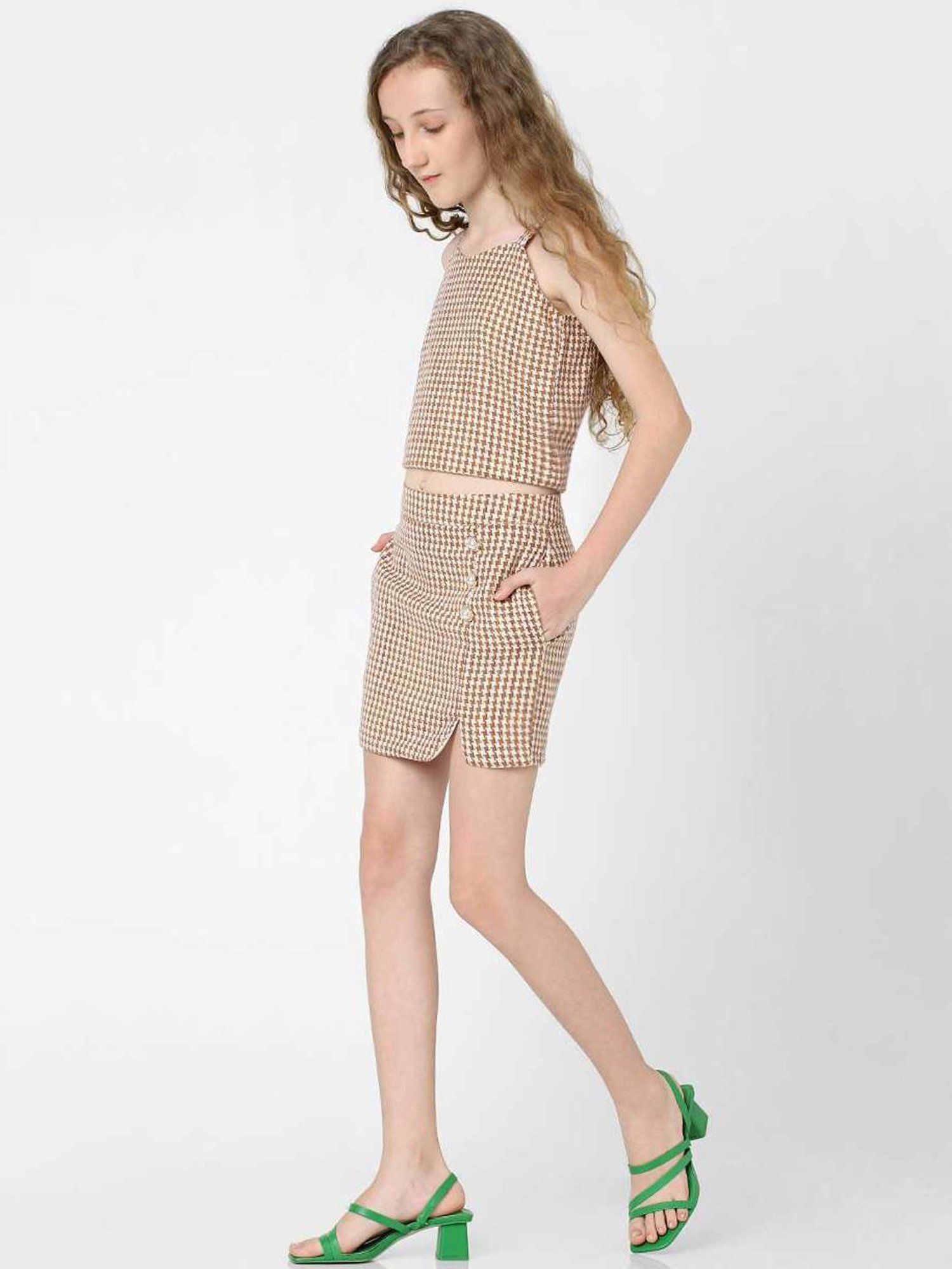 KIDS ONLY Beige Cotton Chequered Skirt