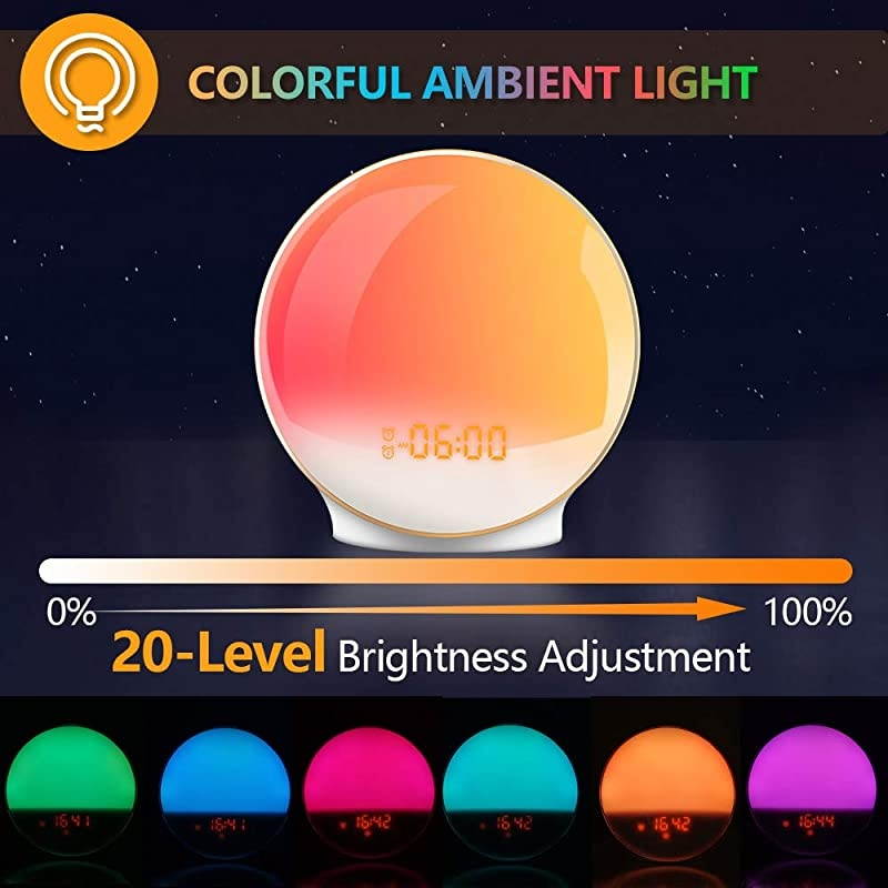 WakeUp Light Sunrise Simulation Alarm Clock Sleep Aid Colored Bedside Light with FM Radio Dual Alarm Adjustable Lightness for Kids and Adults Bedroom