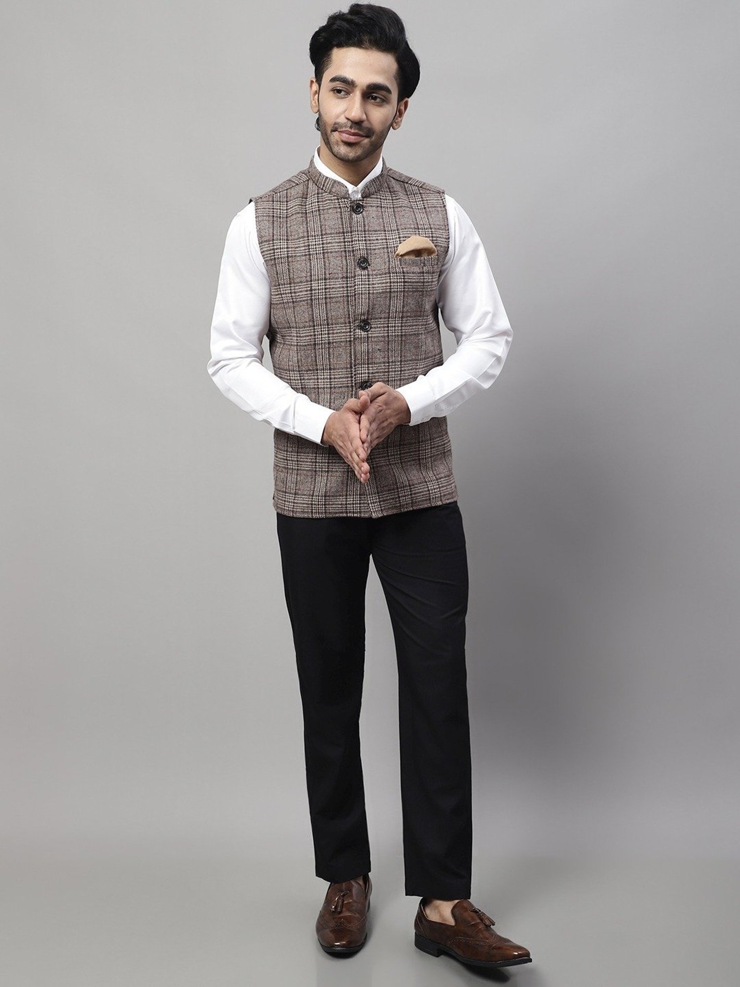 Even Beige Regular Fit Checks Nehru Jacket