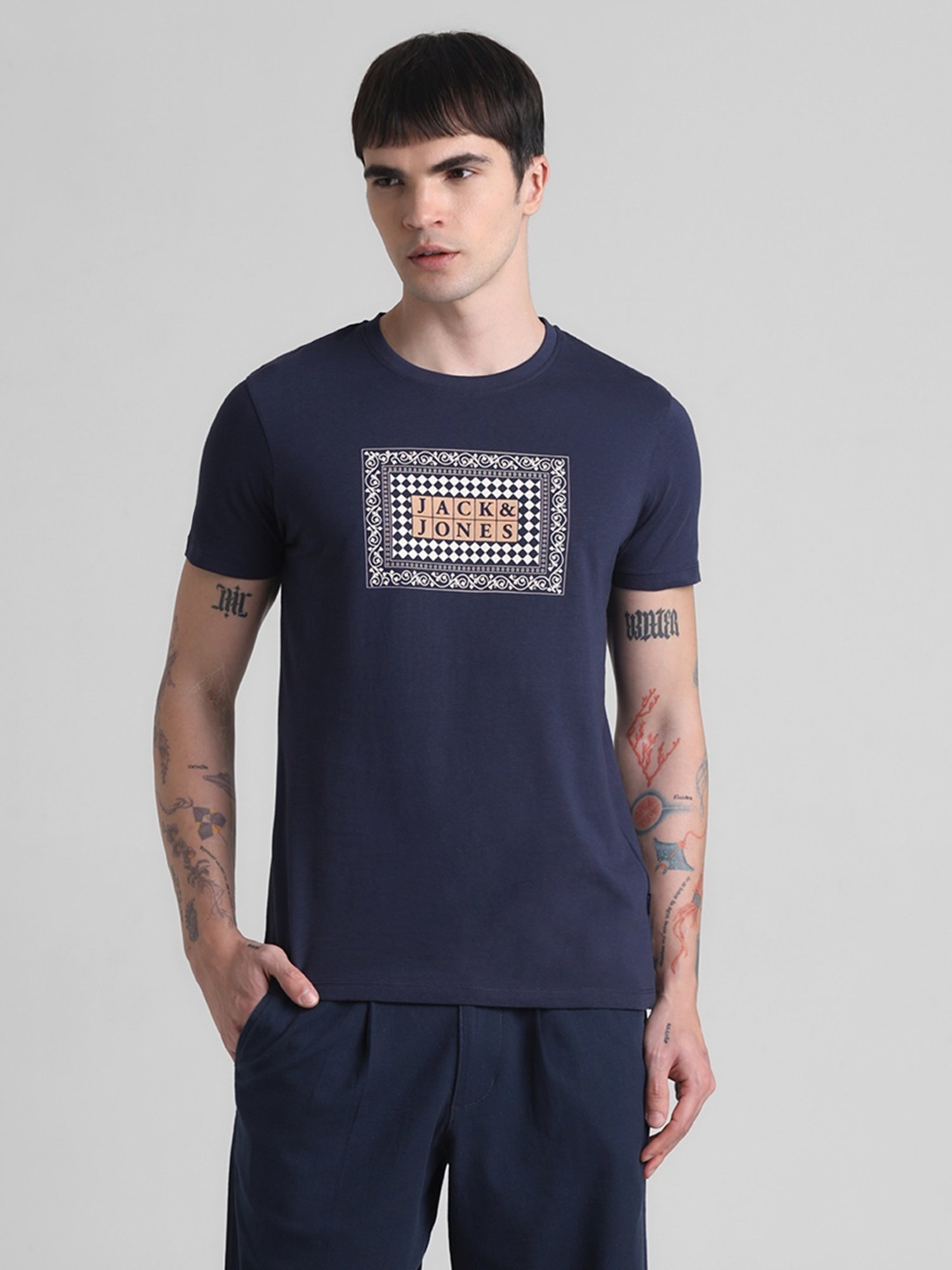 Jack & Jones Navy Blue Cotton Slim Fit Printed T-Shirt