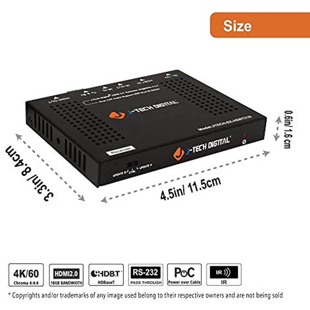 J-Tech Digital HDBaseT 4K@60HZ HDMI Extender 4K@60HZ 4:4:4, HDMI 2.0 Over Single Cable CAT5e/6A up to 230ft (1080P) 131ft(4K) Supports HDMI 2.0 18Gbps, HDR, HDCP 2.2, RS232, Bi-Directional IR