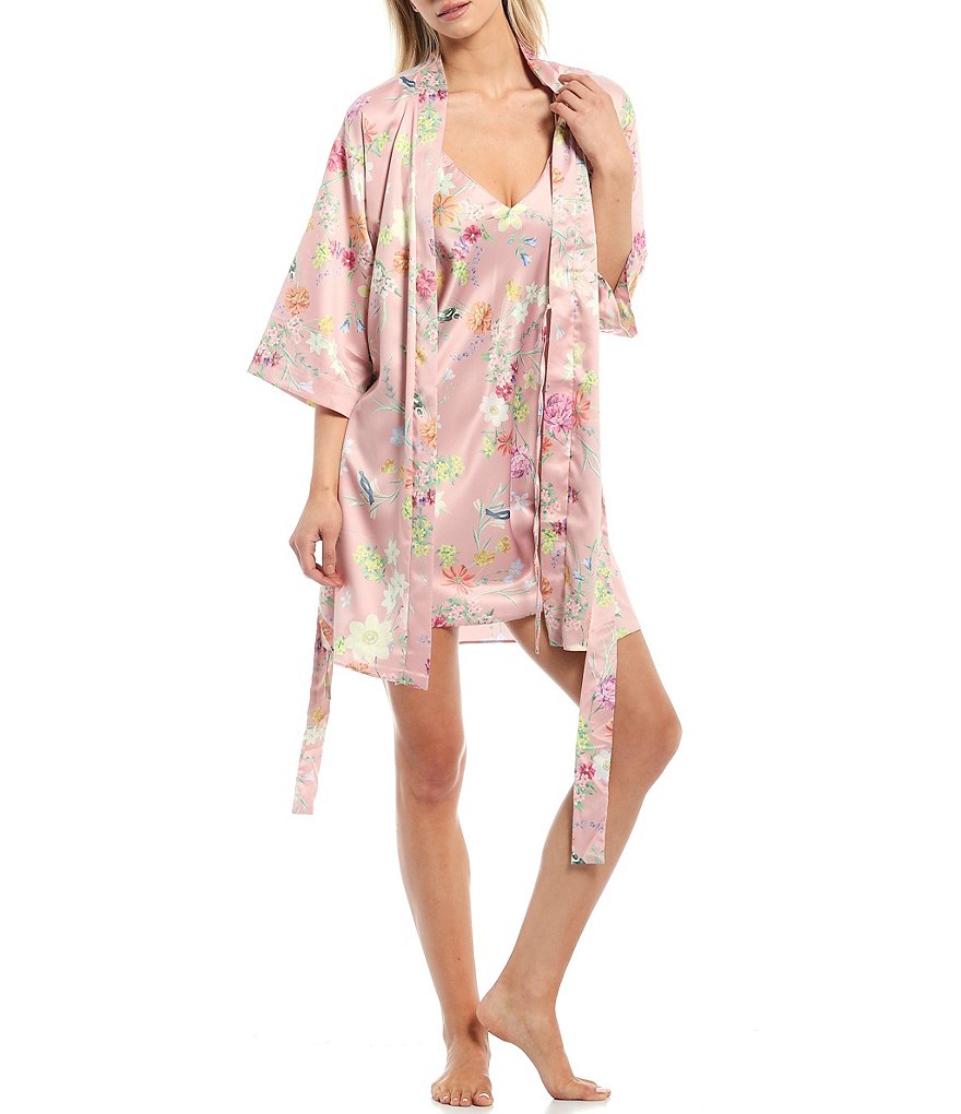 Flora Nikrooz Floral Printed Charmeuse Short Wrap Robe
