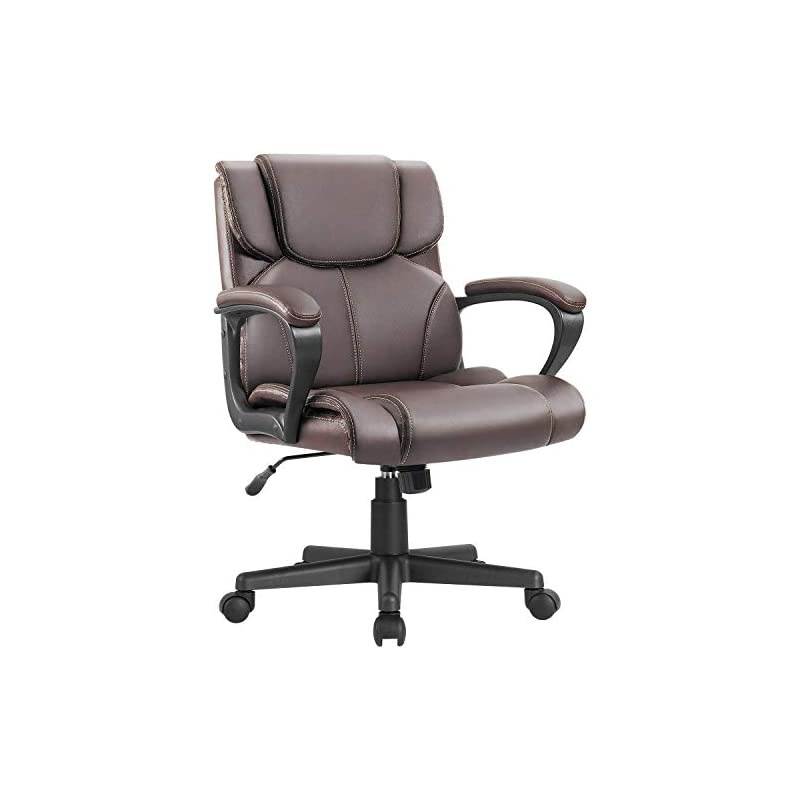 Mid Back Executive Office Chair Swivel Computer Task Chair with Armrests,Ergonomic Leather-Padded Desk Chair with Lumbar Support (Brown)