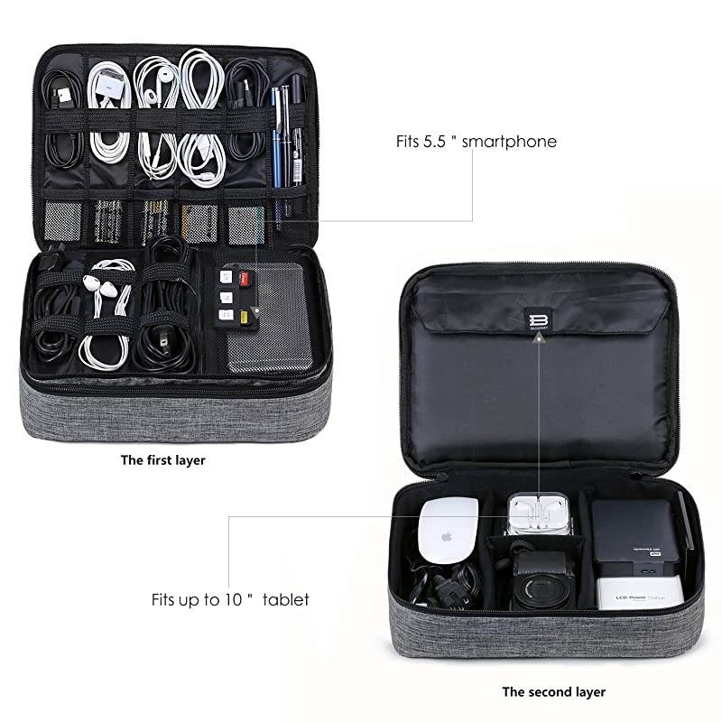 Electronic Organizer  Travel Cable Organizer Bag Double Layer for 105 Inch Tablet Hard Drives Cables Phone USB SD Card GreyLarge
