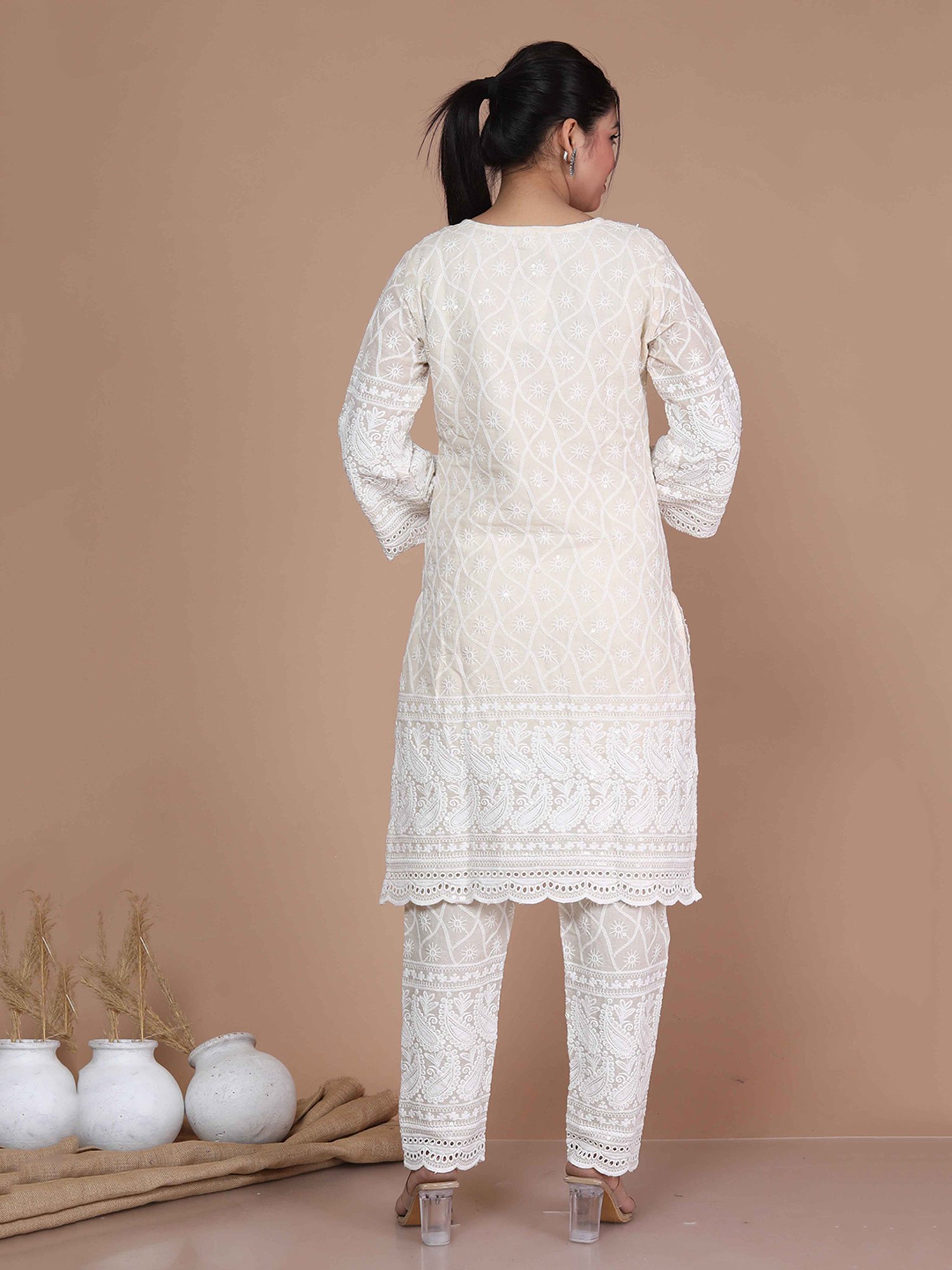 Miravan Beige Embroidered Kurta Pant Set