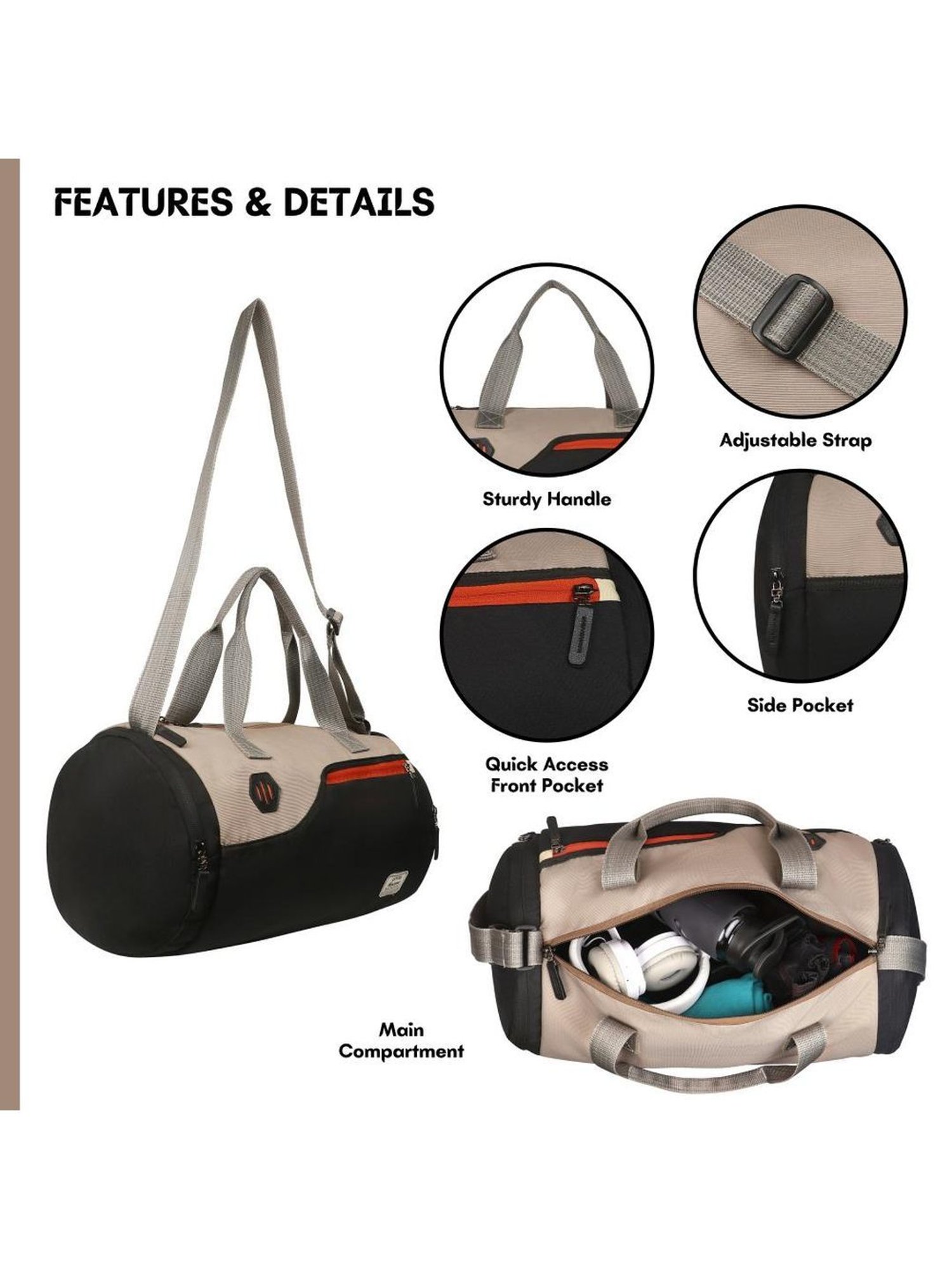 Harissons Casper Black & Camel Polyester Color Block Duffle Bag