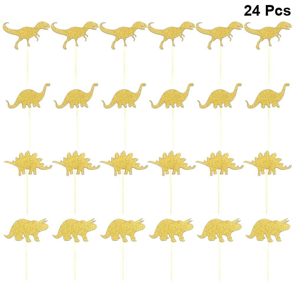 24PCS Golden Dinosaur Cake Toppers Decorative Glittering Animal Cupcake Muffin Food Fruit Picks Party Favors Supplies