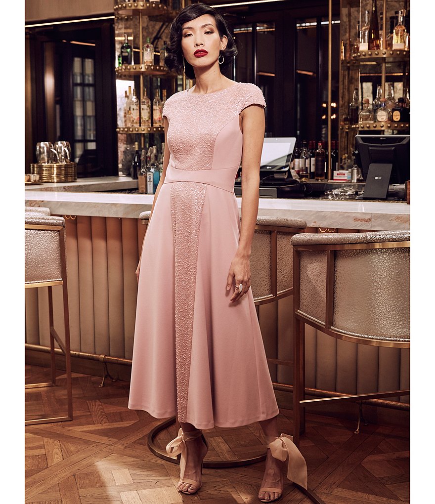 JS Collections Jewel Neck Cap Sleeve Sequined Stretch Crepe Dress