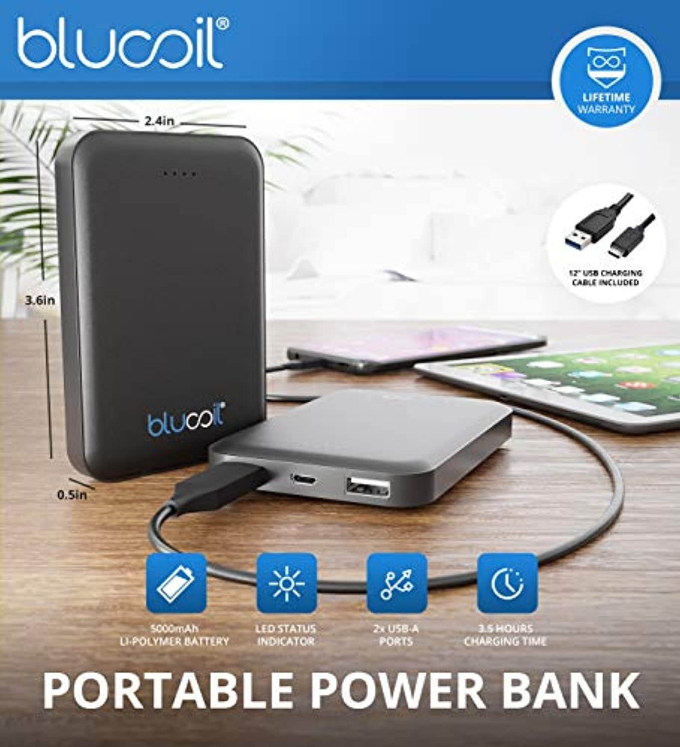 BlueParrott B250-XTS Wireless Bluetooth Headset with 91% Noise Cancellation for iOS and Android Bundle with Blucoil 5000mAh Portable Power Bank, and 3-FT USB 2.0 Type-A Extension Cable (A2146)