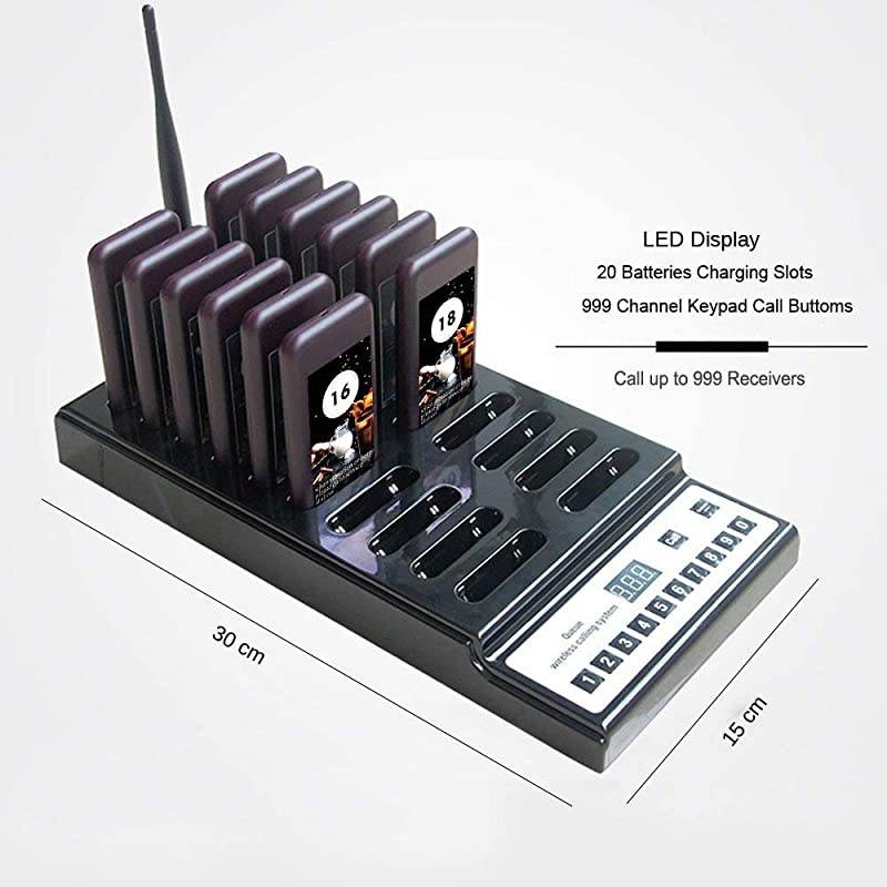 Restaurant Pager System with 20 pcs Coaster Pagers and 1 pc 999-Channel Keypad Call Button Extensible Wireless Calling System for Food Truck Clinic Church Cafe Shop