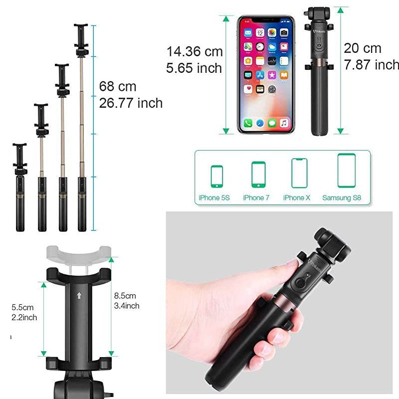 Selfie Stick Tripod with Bluetooth Wireless Remote Shutter Control Pouch Extendable Adjustable Stand Mount Light-Weight V-Log Compatible with All Apple iPhone, Samsung Galaxy (Black)