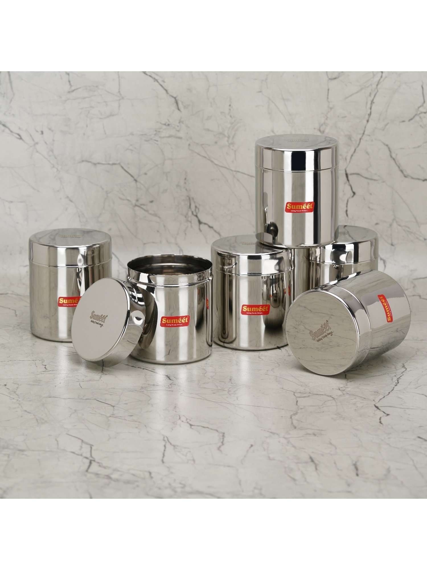 Sumeet S.S. Small Canisters/Jars/Ubha Dabba/Storage Containers set of 6Pcs, 350ml each, 7.5cm Dia
