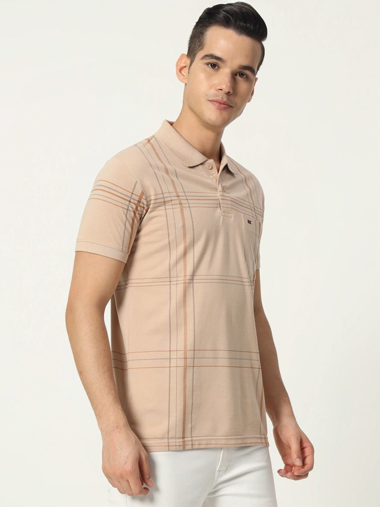 Tab91 Beige Regular Fit Checks Polo T-Shirts