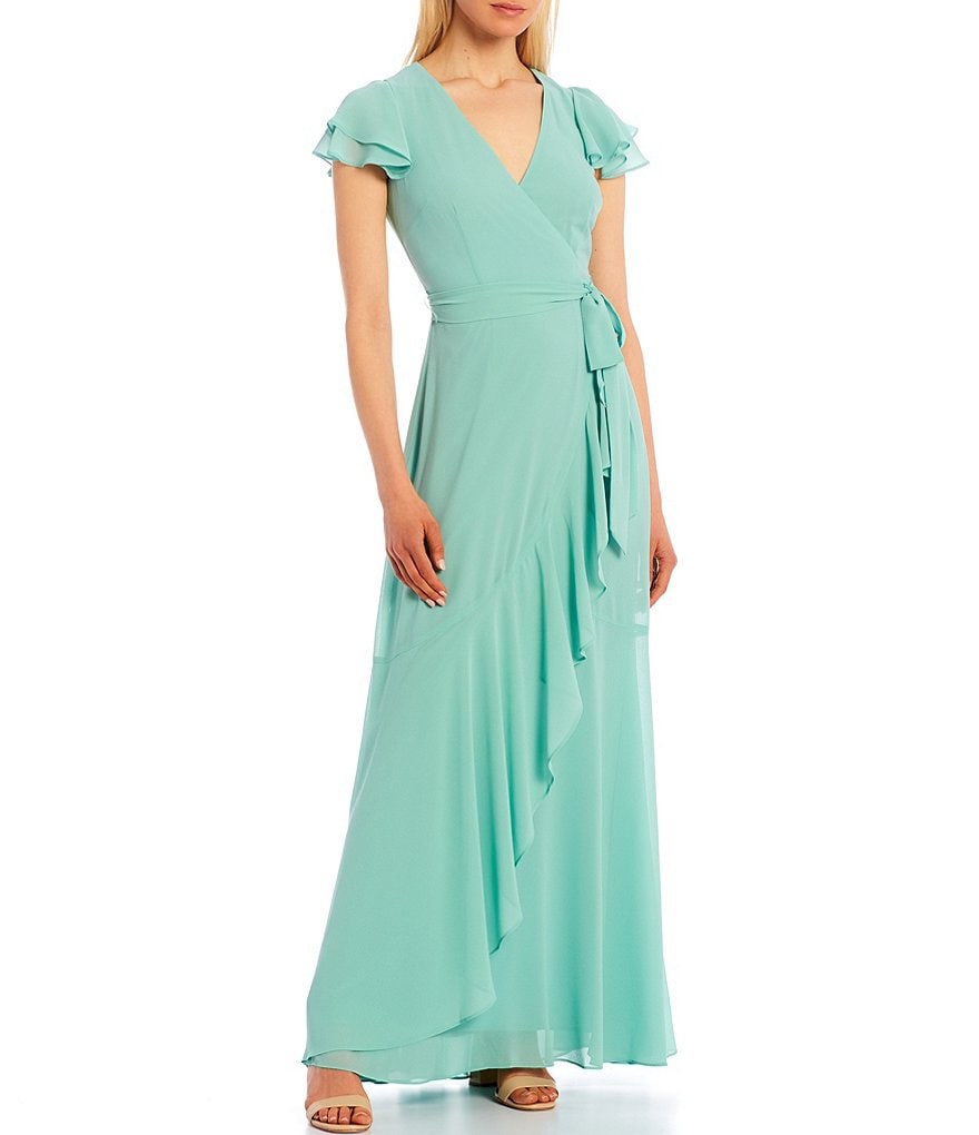Eliza J Chiffon Ruffle Wrap Flutter Sleeve V-Neck Maxi Dress
