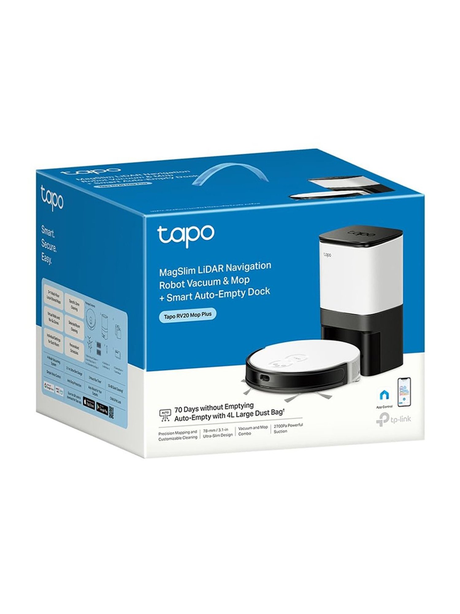 TP-Link Tapo RV20 Mop Plus MagSlim LiDAR Gyroscope Navigation Robot Vacuum (Black & White)