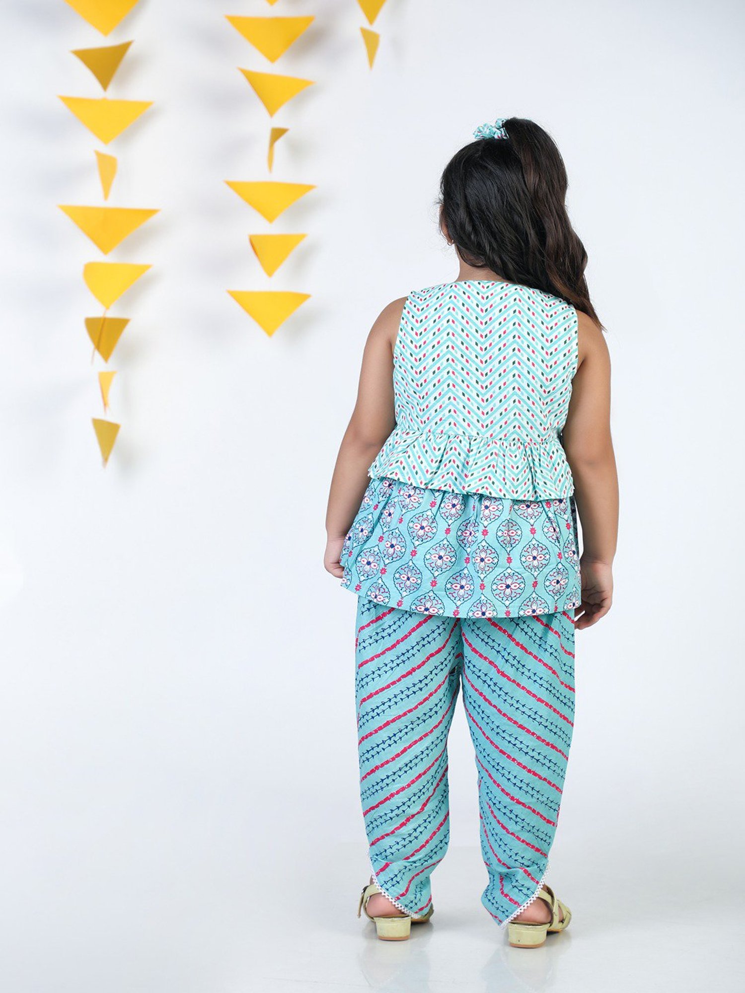 Budding Bees Kids Mint Green Printed Top, Dhoti with Scrunchie