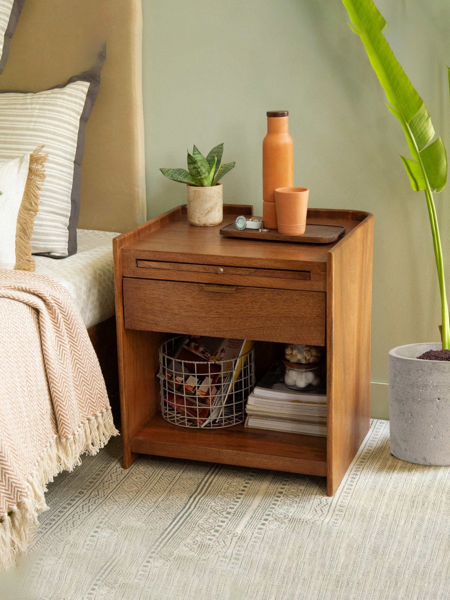 ellementry Bruno Brown Mango Wood End Table with Sleek Slider Drawer