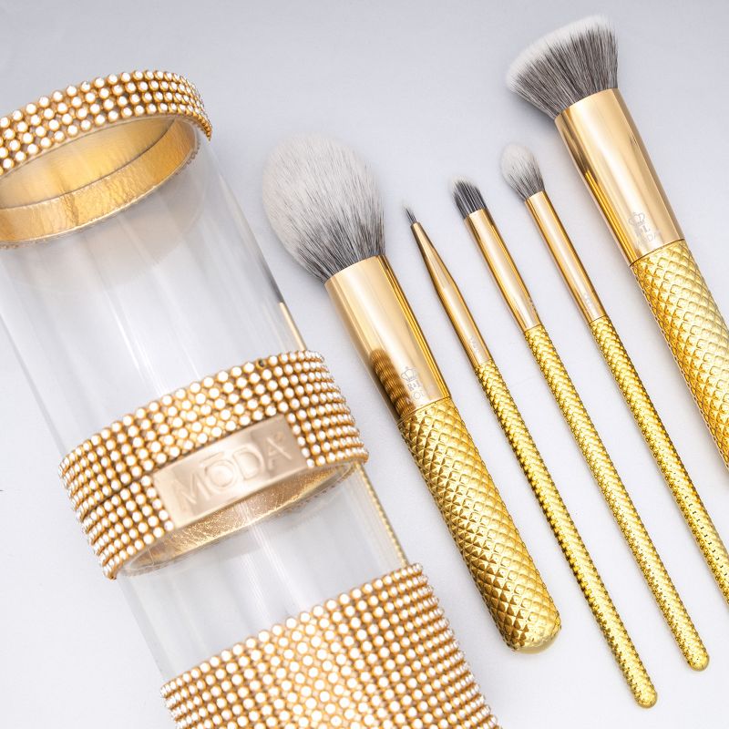 MODA Brush Metallics 6pc Full Face Gold Makeup Brush Set with Gold Gem Brush Container, Includes - Blush, Triad Eye, Crease and Flat Liner Brushes