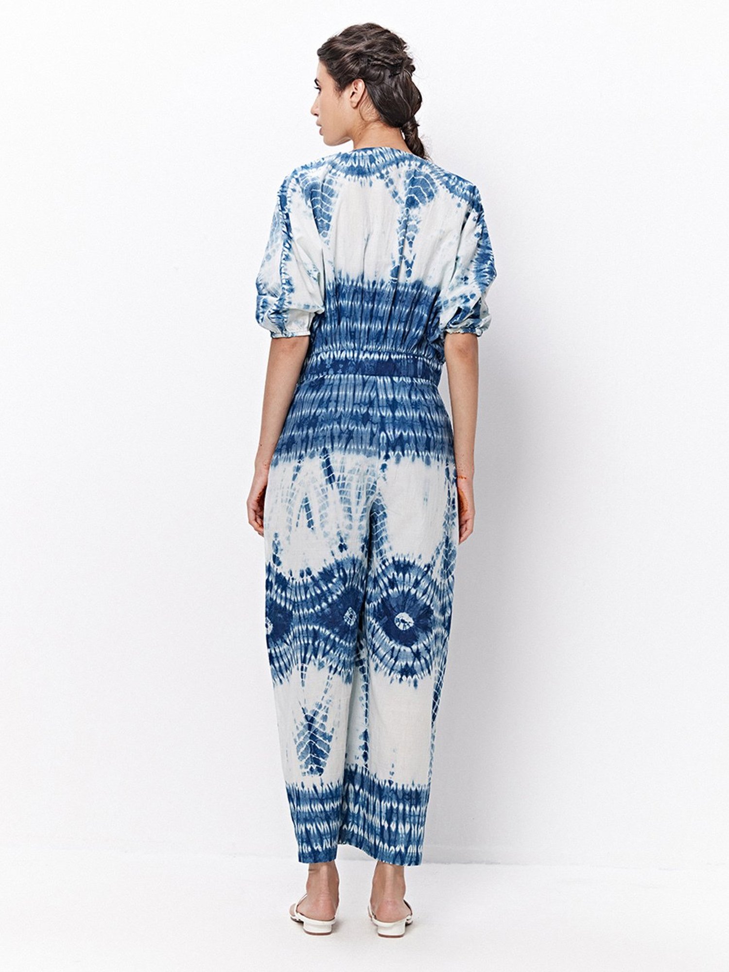Ancestry Blue & White Cotton Printed Maxi Jumpsuit
