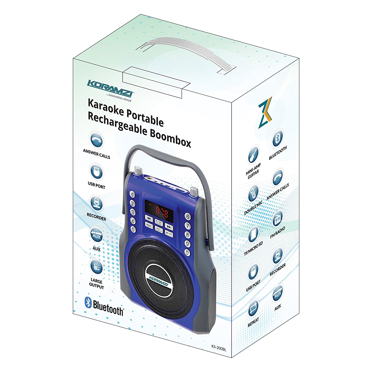 KORAMZI  Karaoke Portable Rechargeable Boombox with Bluetooth, FM Radio, AUX In (Red) KS-200RD