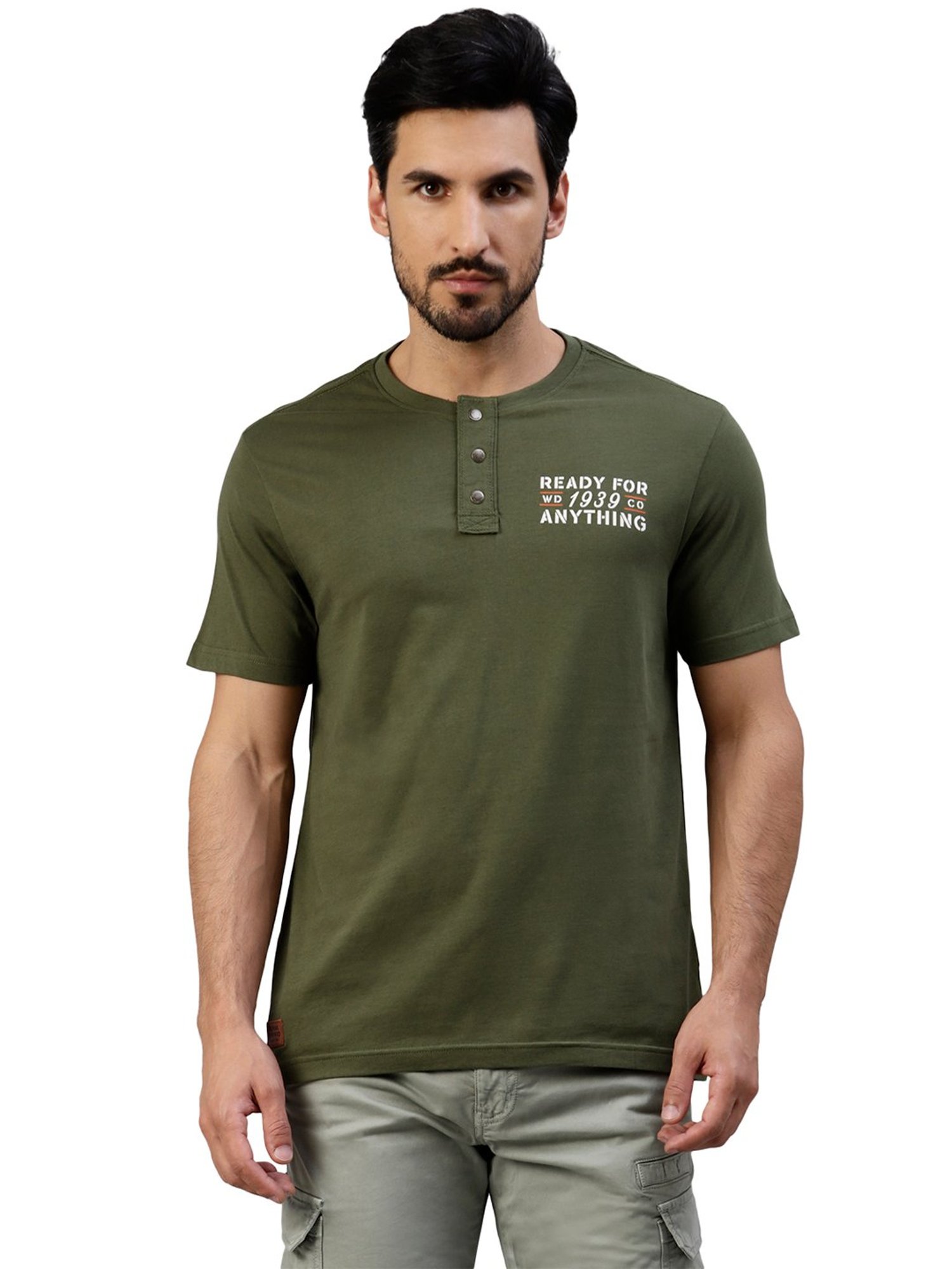 Royal Enfield Military Messenger Olive Regular Fit Printed Henley T-Shirt