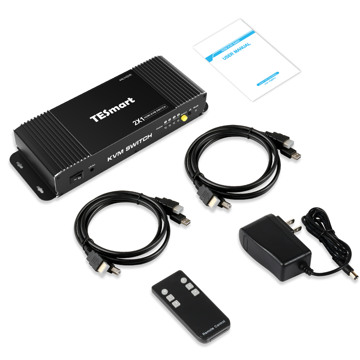 TESmart HDMI KVM Switch 2 Port 4K@60Hz Ultra HD 2x1 HDMI KVM Switcher with 2 Pcs 5ft KVM Cables Supports USB 2.0 Devices, Mechanical and Multimedia Keyboard and Mouse Pass Through Control up to 2 PCs