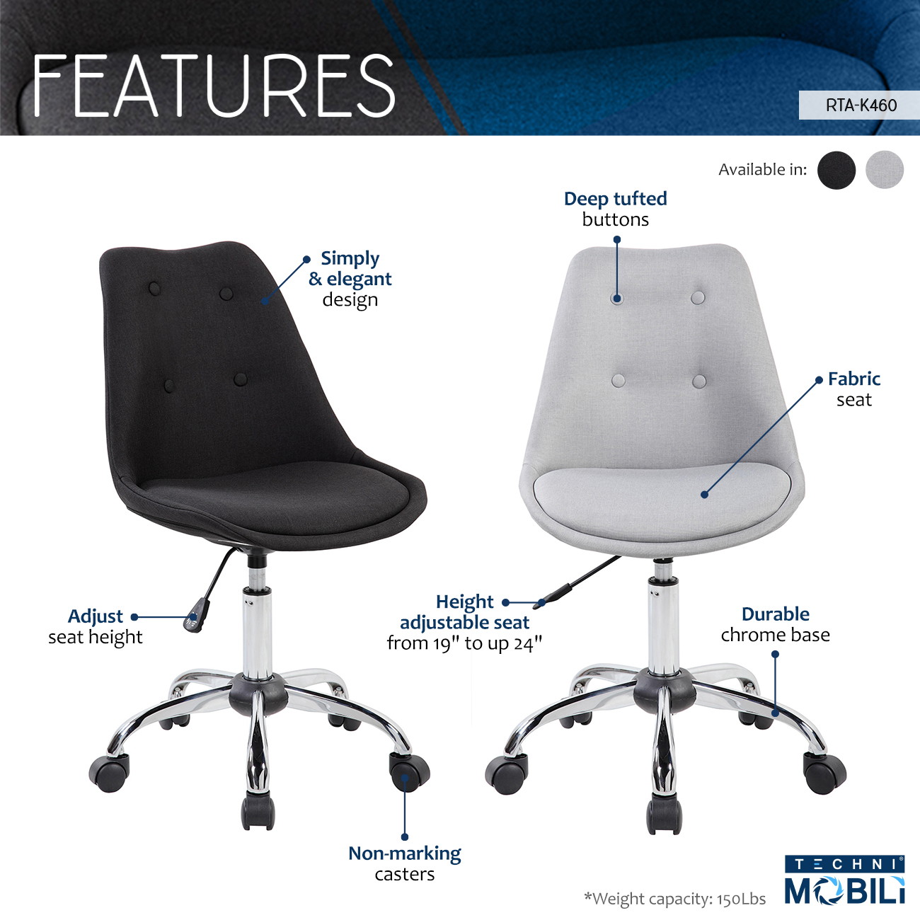 Techni Mobili Armless Desk Chair in Black