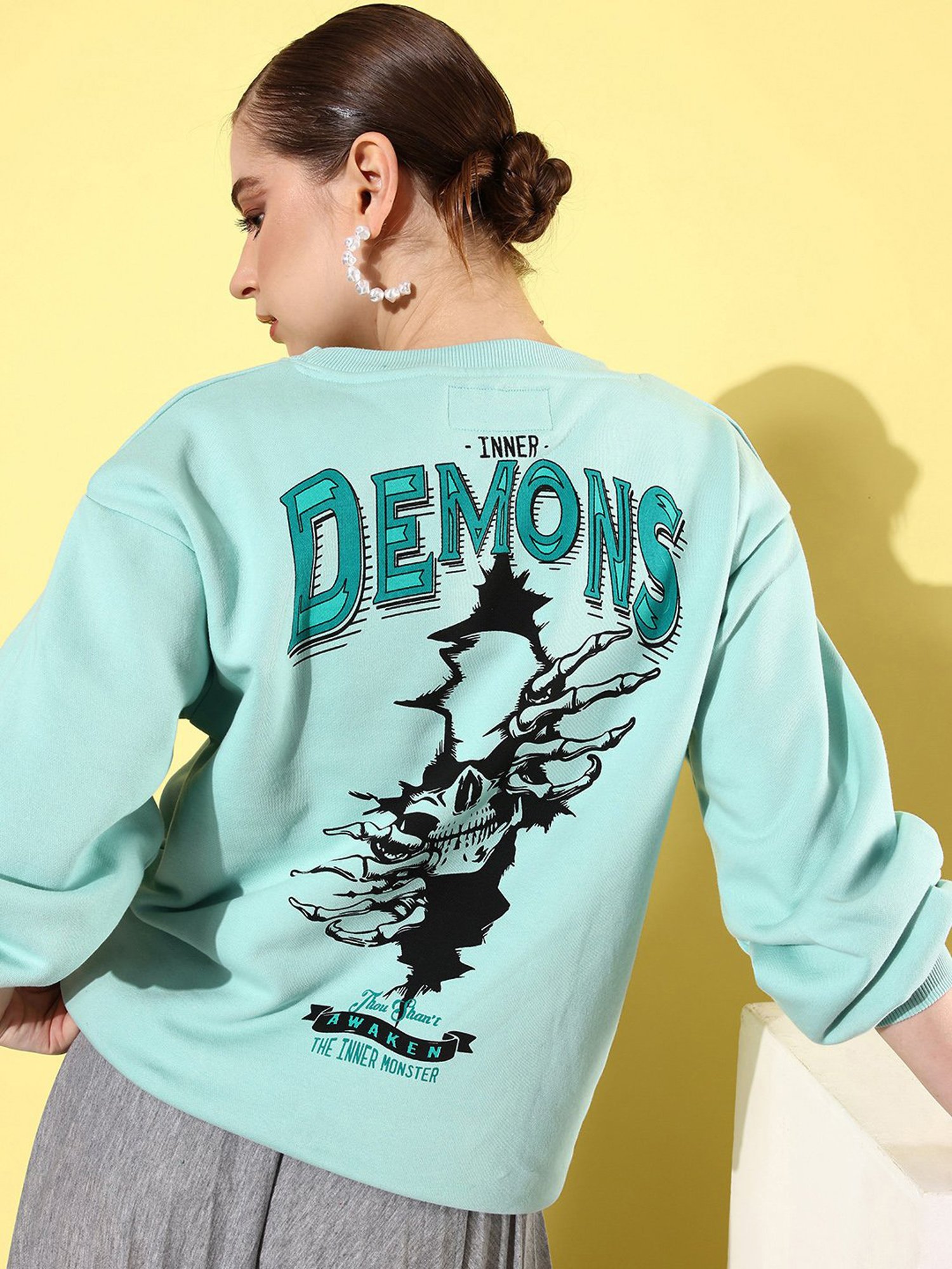 Difference of Opinion Turquoise Fleece Printed Oversized Sweatshirt