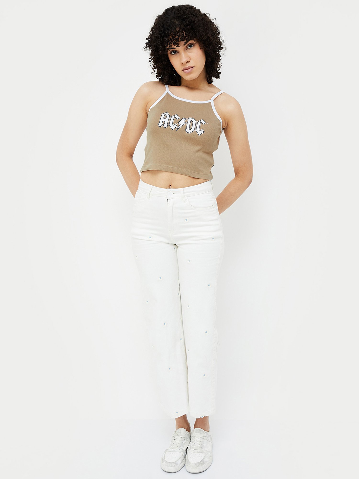 Ginger by Lifestyle Beige Cotton Graphic Tank Top