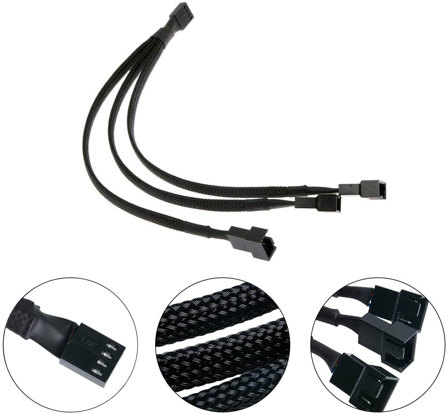 PWM Fan Splitter Cable 4 Pin Black Sleeved Case Fan Splitter Cable 1 to 3 Converter Braided Y Splitter Computer PC Fan Extension Power Cable 10.5 Inches (1 Pack)