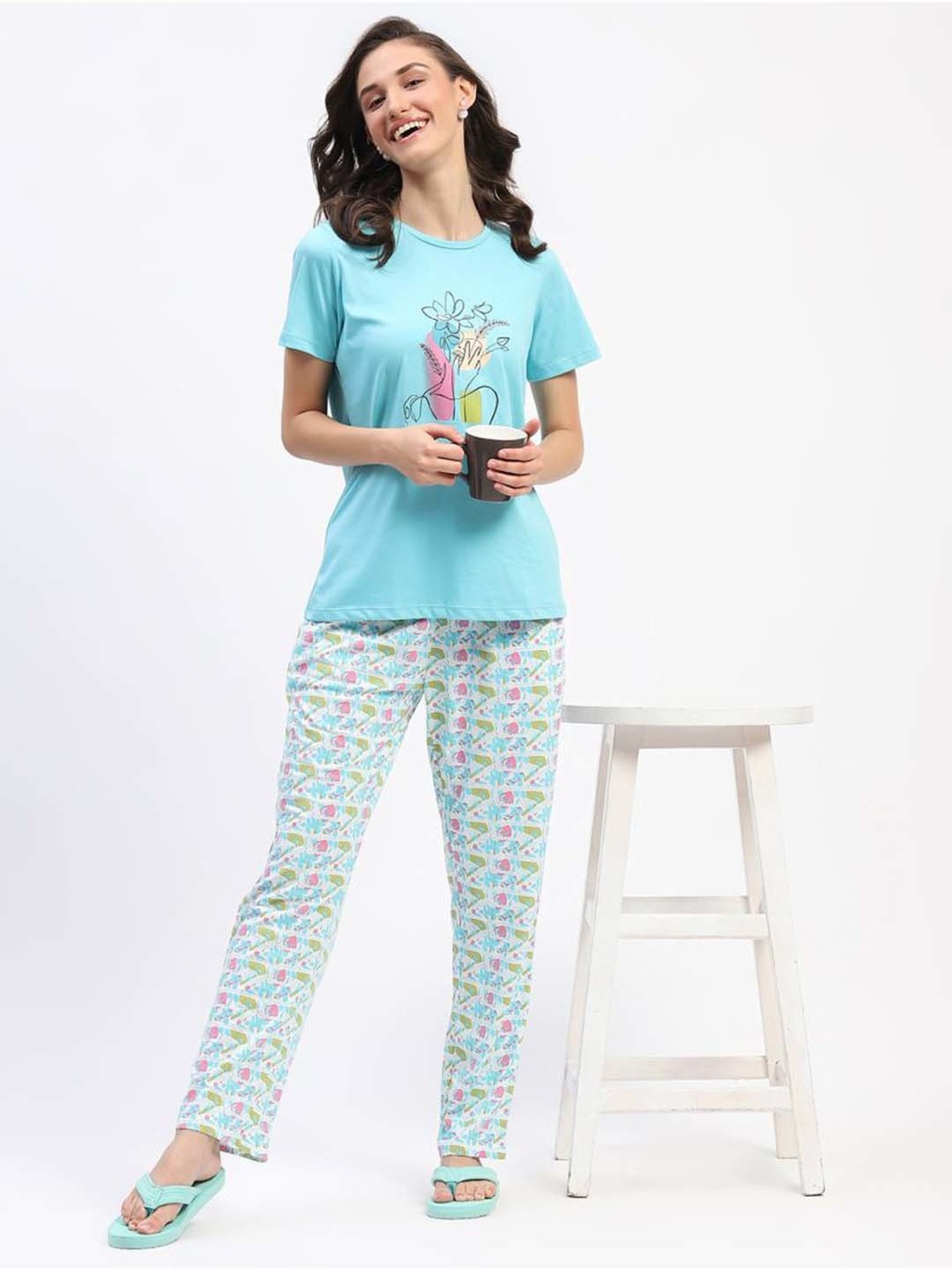 MADAME M Secret Blue Cotton Printed T-Shirt Pyjamas Set