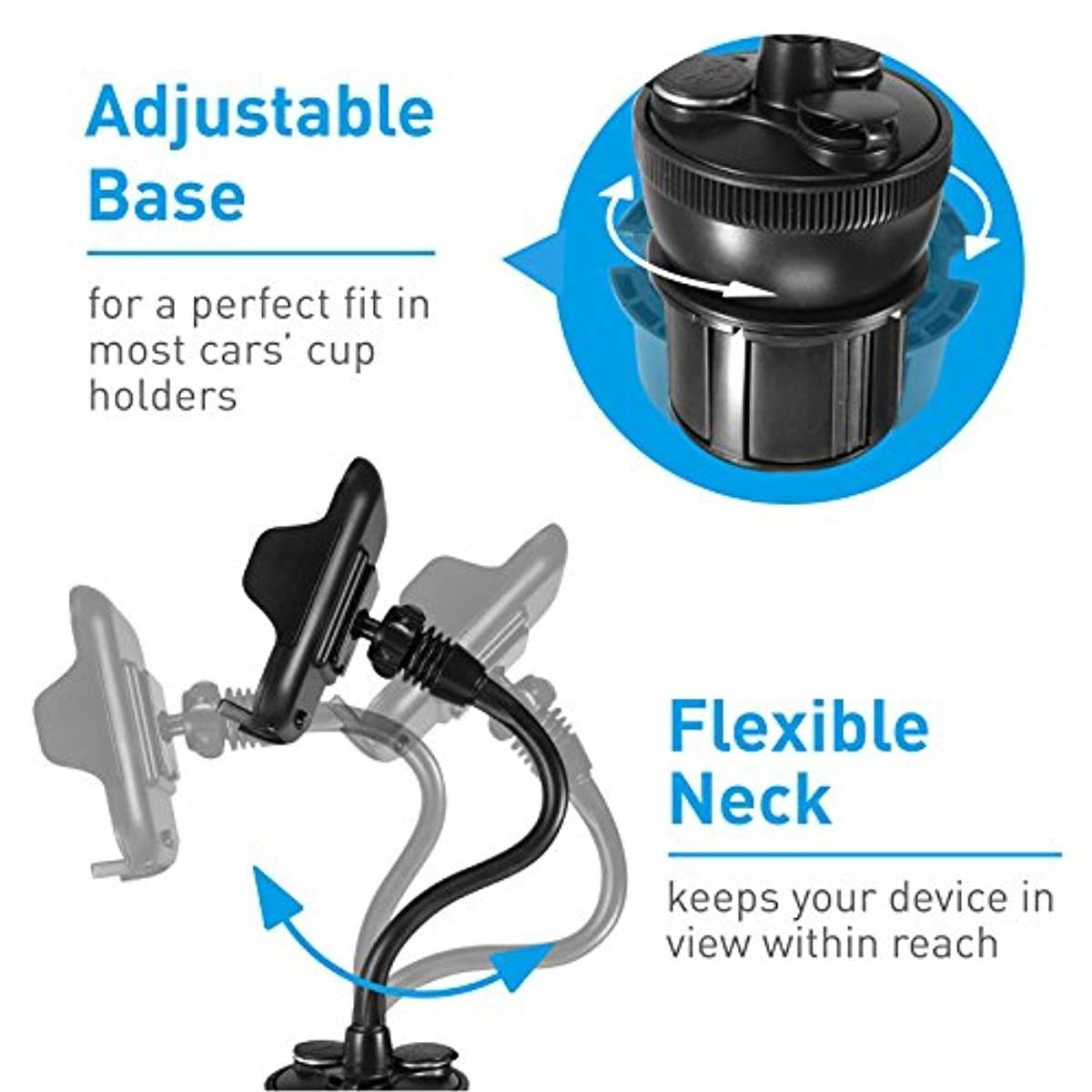 Macally Car Cup Holder Phone Mount with 2 USB Charging Ports & 2 Cigarette Lighter Sockets - Adjustable Cup Phone Holder for Car with 8&rdquo; Long Neck and 360&deg; Rotatable Base - Fits Phones Up to 4.1&rdquo; Wide
