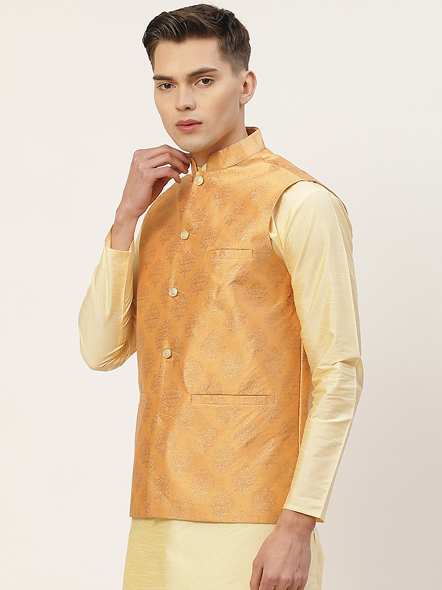 Jompers Peach Regular Fit Printed Nehru Jacket