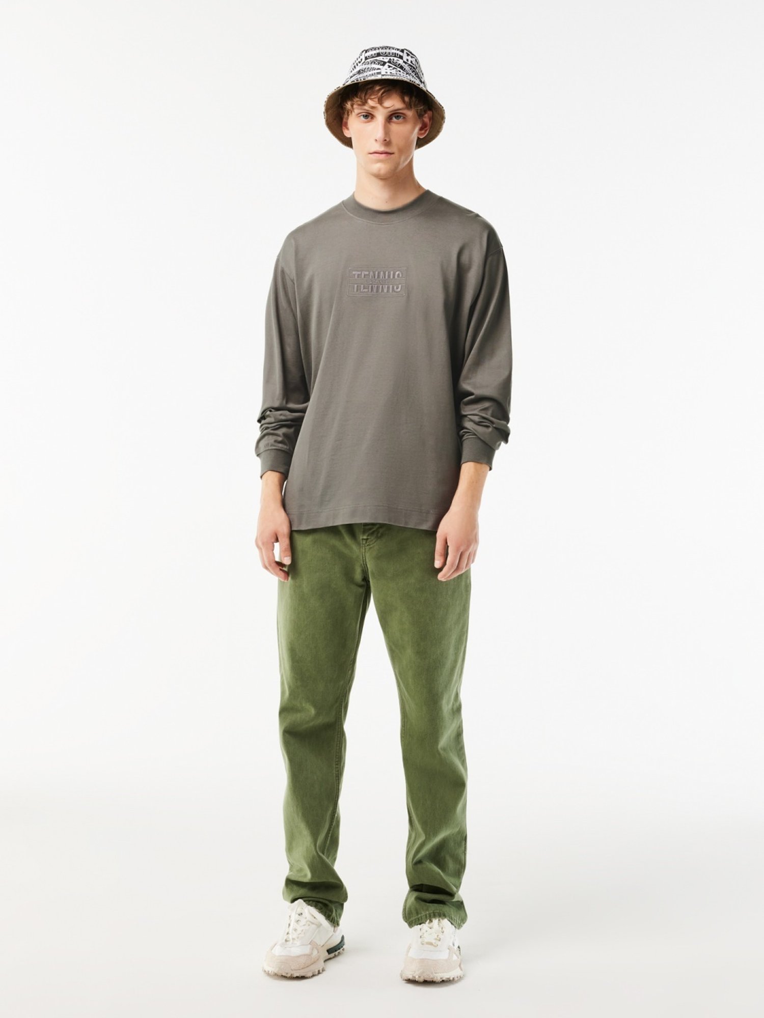 Lacoste Grey Cotton Loose Fit Self Pattern T-Shirt
