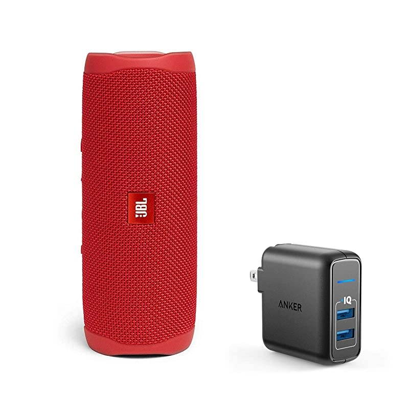 Flip 5 Waterproof Portable Wireless Bluetooth Speaker Bundle with 2Port USB Wall Charger Red
