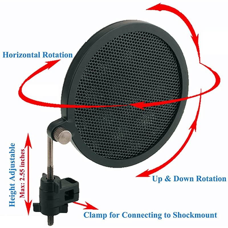 4247mm Microphone Shock Mount with Double Mesh Pop Filter Screw Adapter Adjustable Anti Vibration High Isolation Metal Mic Mount Holder Clip for Diameter of 4247mm Microphone