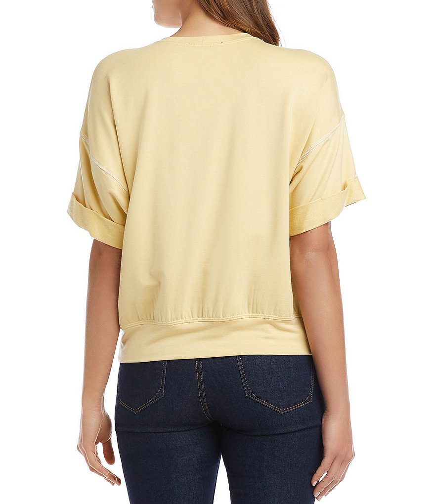 Karen Kane Petite Size Drop-Shoulder Cuffed Sleeve Crew Neck French Terry Knit Tee