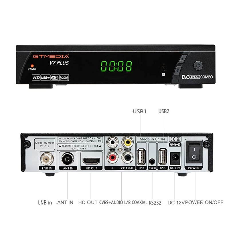 V7 Plus HD Free to air Satellite Receiver FTA DVB-S2/T2 Built-in Galaxy 19 Digital TV Sat Decoder with Antenna WiFi USB Full HD 1080P H.265 HEVC Support YouTube PVR CCcam